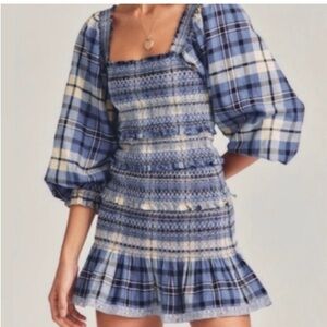 LoveShackFancy Dress Stanley Blue Square Neck Plaid Puff Sleeve Smocked Mini XS